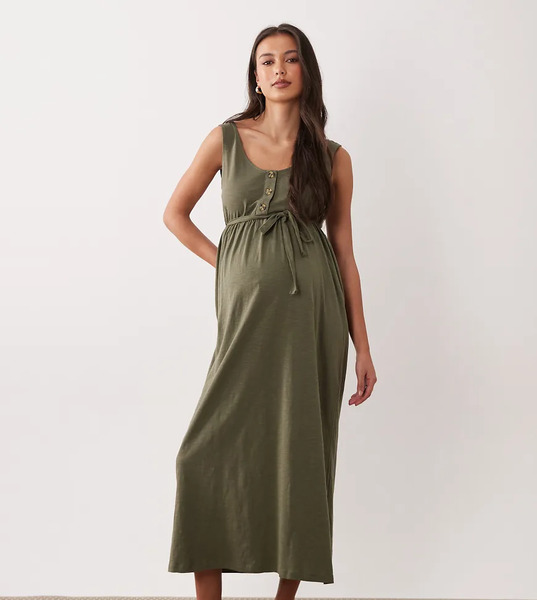  Mamalicious Maternity 2 Function Nursing Button Through Maxi Sundress In Dark Khaki Green 