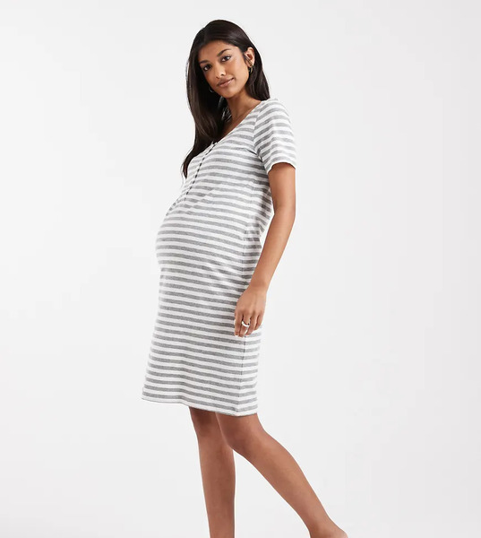  Mamalicious Maternity 2 Function Nursing Nightdress In Light Grey And White Stripe Green 