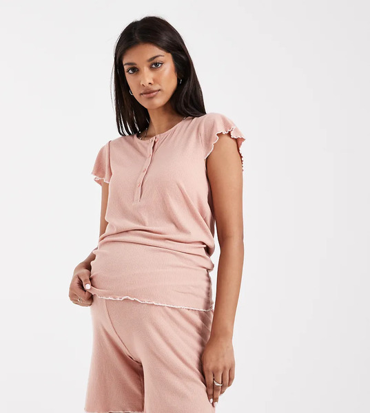  Mamalicious Maternity 2 Function Nursing Top And Shorts Pyjama Set With Lettuce Edge In Beige Neutral 