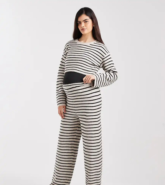  Mamalicious Maternity Knitted Wide Leg Over The Bump Trousers Co Ord In Black And Cream Stripe White 
