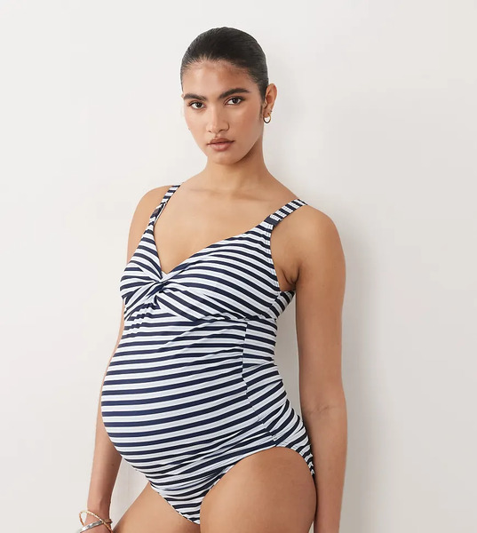  Mamalicious Maternity Knot Bust Swimsuit With Nursing Clip Function In Navy Stripe Print 