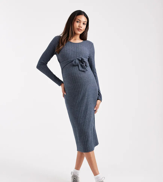  Mamalicious Maternity Long Sleeve Tie Front Midi Dress In Navy Melange 