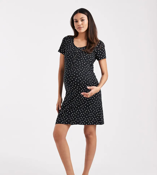  Mamalicious Maternity Nightdress With Nursing Function In Black And Pink Heart Print 