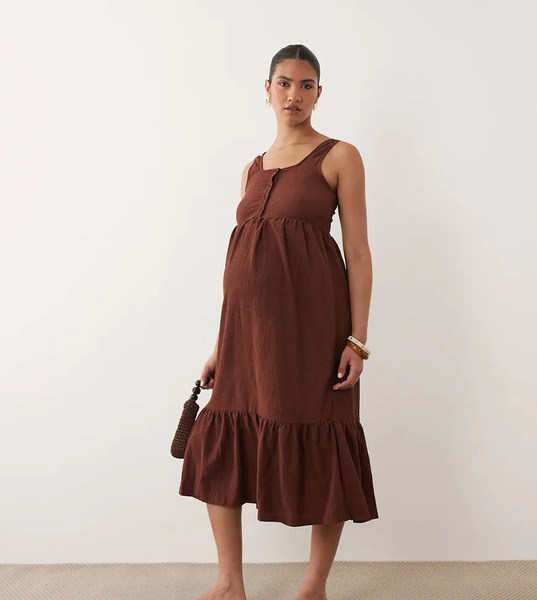  Mamalicious Maternity Sleeveless Nursing Button Function Jersey Midi Dress In Chocolate Brown 