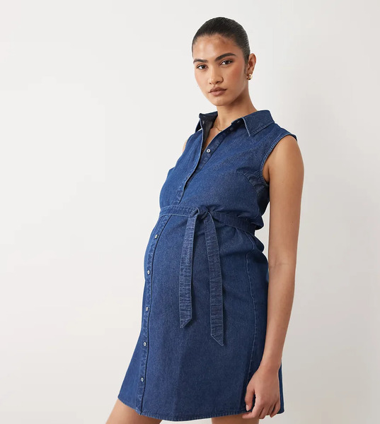  Mamalicious Maternity Sleeveless Tie Waist Button Front Denim Mini Dress In Medium Blue Wash 