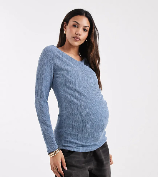  Mamalicious Maternity Textured Jersey Wrap Front Nursing Friendly Top In Soft Blue 