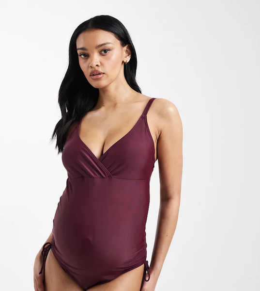  Mamalicious Maternity Wrap Front Ruched Side Swimsuit In Fig Red 