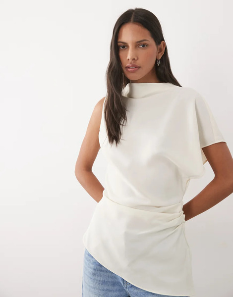  Mango Asymmetric High Neck Blouse In White Neutral 