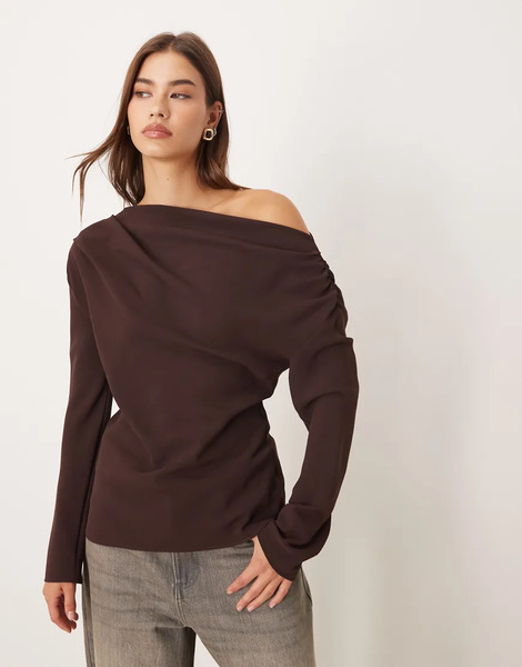  Mango Asymmetric Long Sleeve Top In Plum Brown 