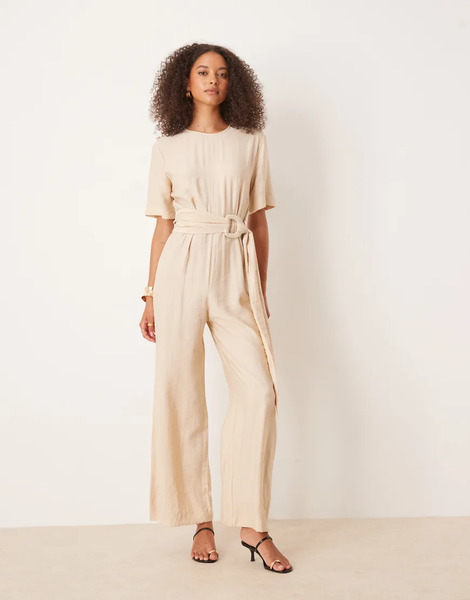  Mango Belt Detail Jumpsuit In Beige Neutral 