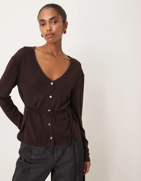  Mango Belted Fine Cardigan In Chocolate Brown 