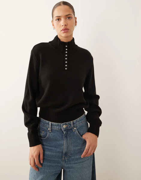  Mango Button Detail High Neck Jumper In Black 