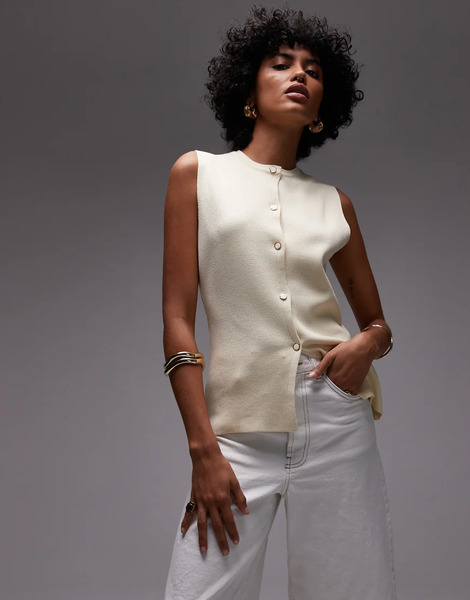  Mango Button Through Knitted Waistcoat In Ecru White 