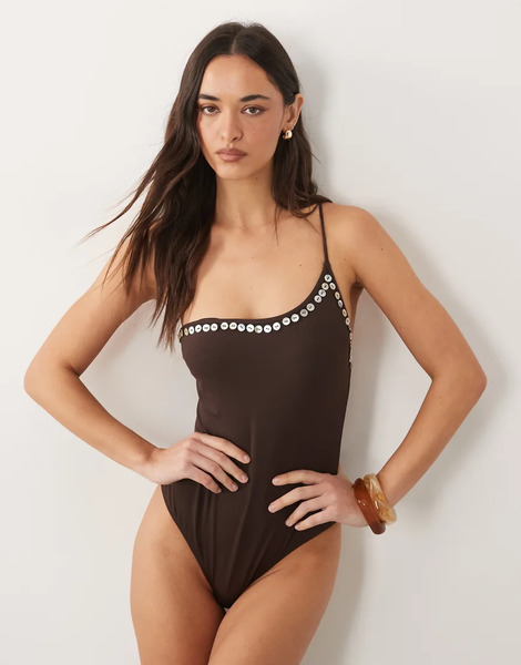  Mango Button Trim One Shoulder Swim Suite In Brown 