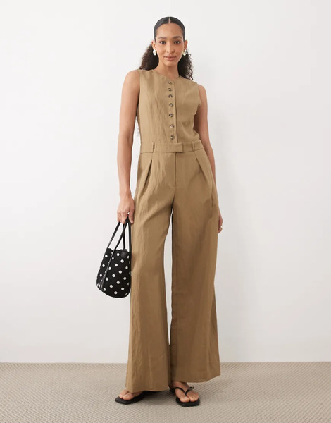  Mango Button Up Tailored Jumpsuit In Light Khaki Green 
