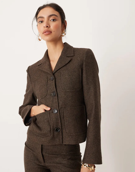  Mango  Wool Mix Short Blazer Co Ord In Chocolate Brown 