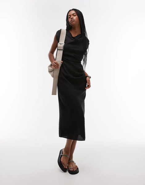  Mango Cap Sleeve Midi Dress With Ruched Side In Black 