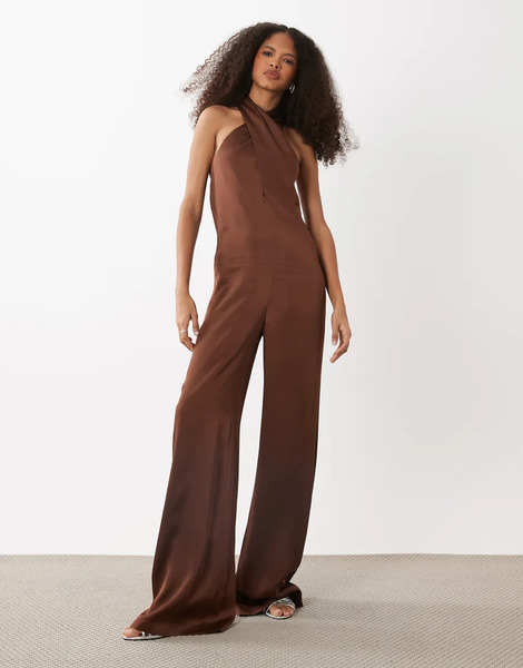  Mango Capsule Halterneck Jumpsuit In `brown 