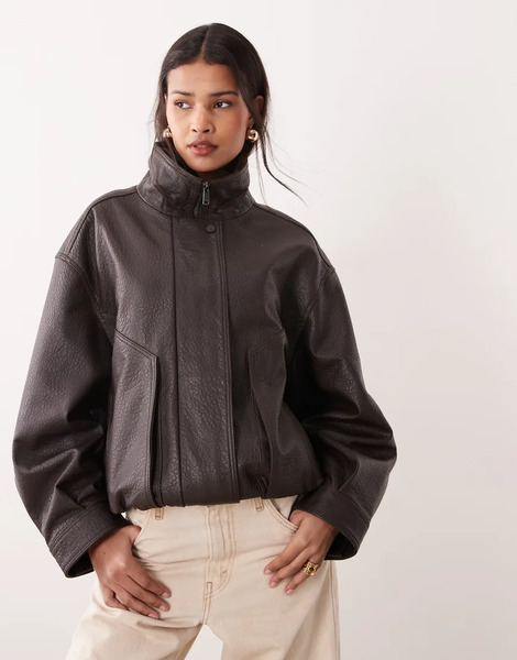  Mango Capsule 100% Leather Funnel Neck Jacket In Chocolate Brown 