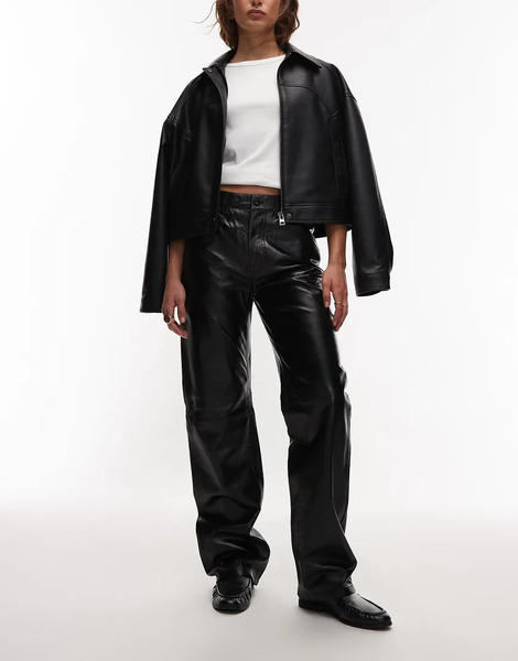  Mango Capsule 100% Leather Straight Trouser In Black 