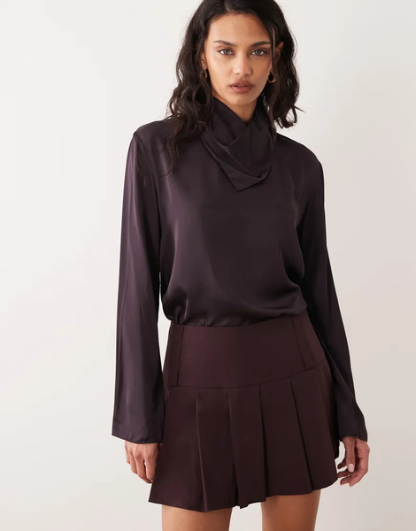  Mango Capsule Satin High Neck Long Sleeve Blouse In Chocolate Brown 