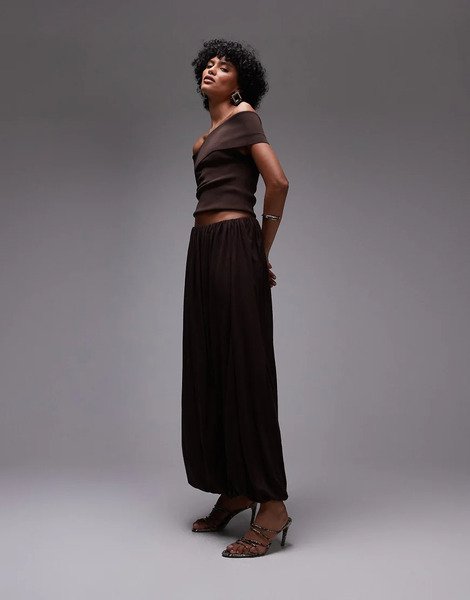  Mango Capsule Soft Drape Maxi Skirt In Deep Chocolate Brown 
