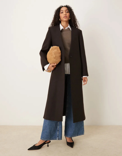  Mango Capsule Wool Mix Collarless Tailored Maxi Coat In Brown 