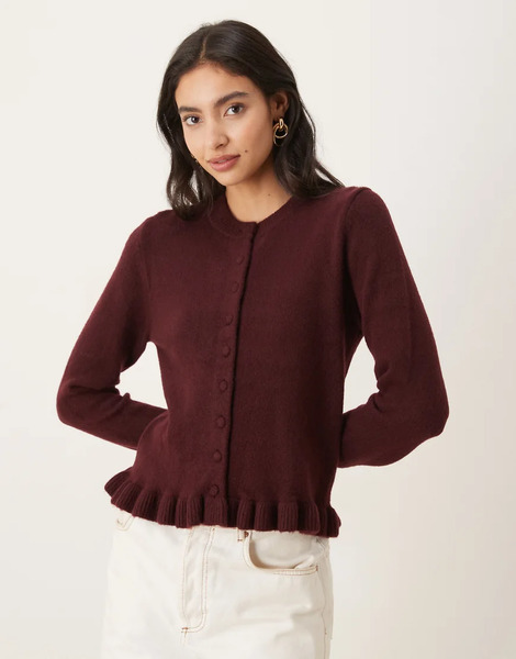  Mango Cardigan With Peplum Hem In Burgundy Red 