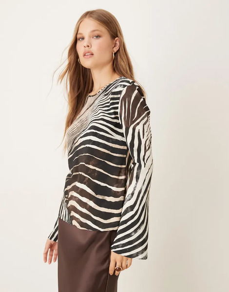  Mango Chiffon Long Sleeve Top In Zebra Print Black 