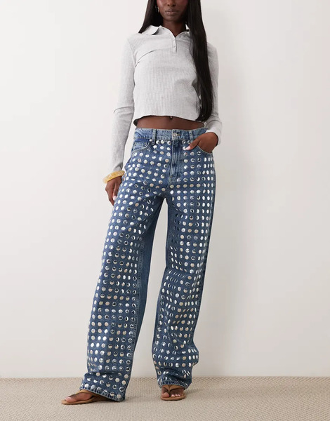  Mango Circle 100% Cotton Straight Jean With Discs In Mid Blue 