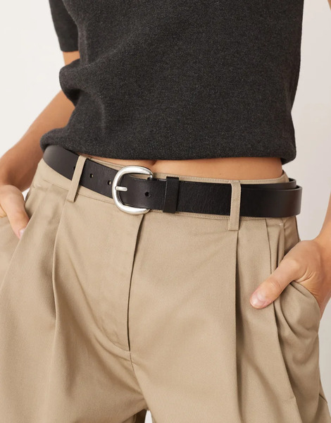 Mango Classic Leather Silver Buckle Belt In Black 