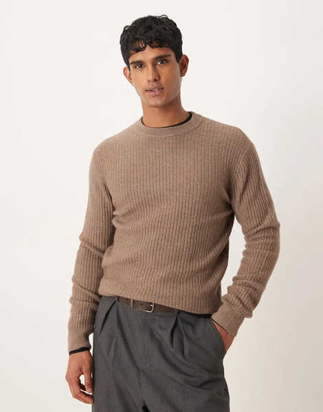  Mango Classic Relaxed Fit Ribbed Jumper In Latte Brown 