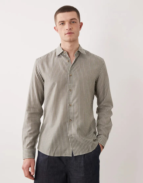  Mango Classic Striped Shirt In Khaki Green 