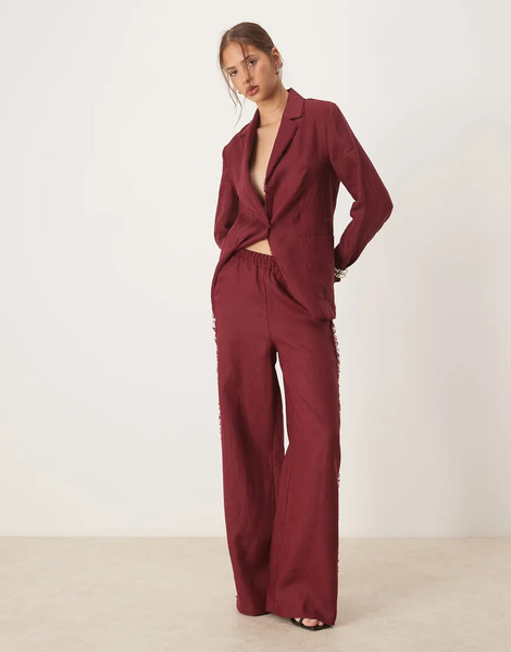 Mango Co Ord 100% Linen Frayed Edge Pull On Trouser In Dark Red 