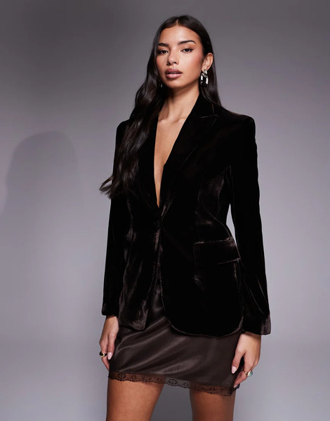  Mango Combi Velvet Tailored Jacket In Chocolate Brown 