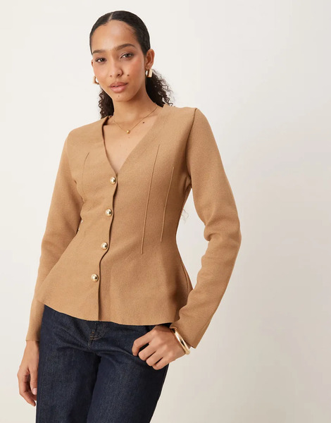  Mango Compact Knit Jacket With Flared Hem In Brown 