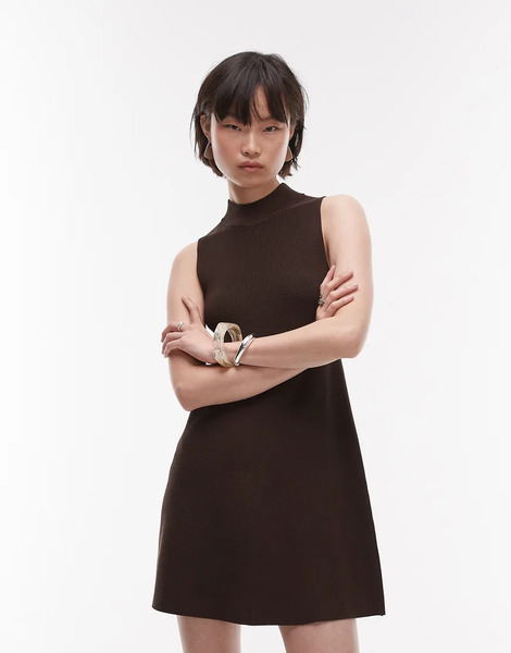  Mango Compact Knit Mini Dress In Chocolate Brown 