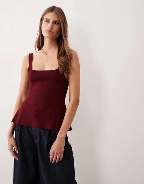  Mango Compact Knit Square Neck Peplum Top In Dark Red 