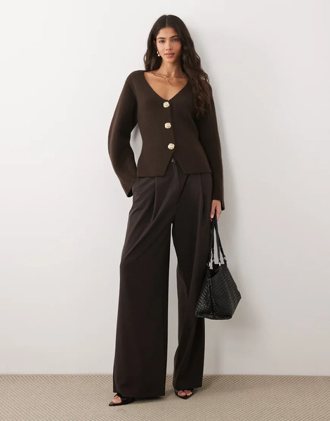  Mango Compact Knitted Jacket With Gold Buttons In Chocolate Brown 