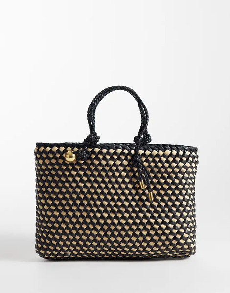  Mango Contrast Woven Raffia Handbag In Black 