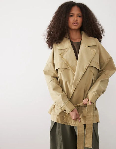  Mango 100% Cotton Belted Short Jacket In Beige Brown 