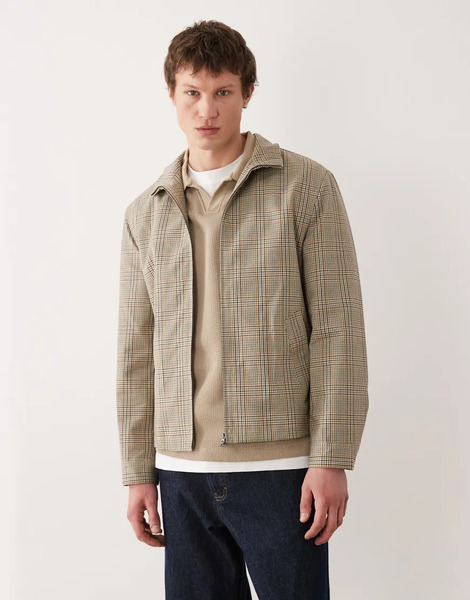  Mango 100% Cotton Checked Harrington Jacket In Beige Neutral 