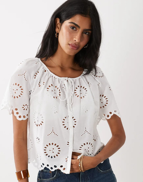  Mango 100% Cotton Embroidered Tie Front Blouse In White 