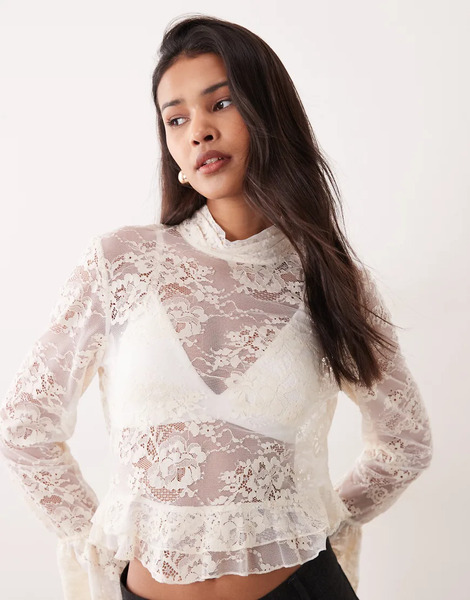  Mango Cotton Mix Delicate Lace Ruffle Blouse In Cream Neutral 