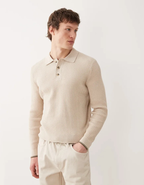 Mango Cotton Mix Knitted Poloshirt In Ecru Neutral 