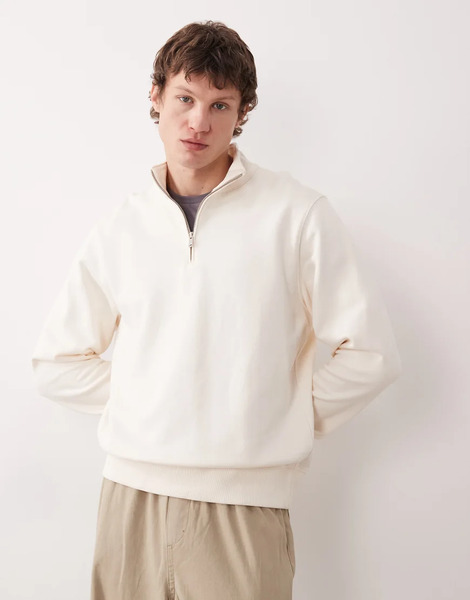  Mango 100% Cotton Quarter Zip Sweatshirt In Ecru Neutral 
