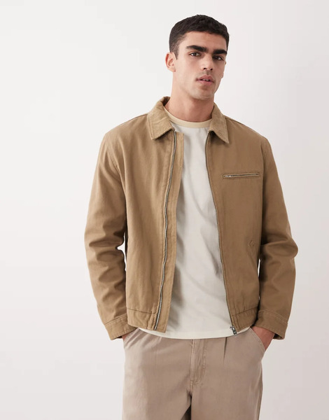 Mango 100% Cotton Zip Through Denim Jacket In Beige Neutral 