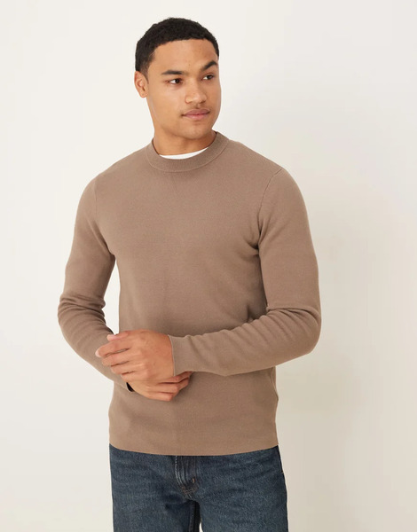  Mango Crew Neck Knitted Jumper In Medium Brown 