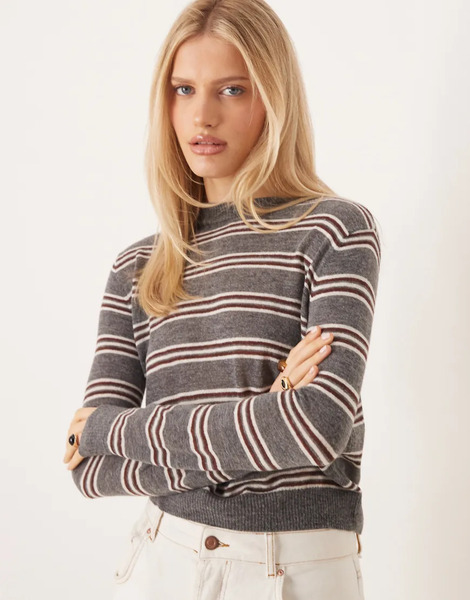  Mango Crew Neck Knitted Top In Grey Stripe 