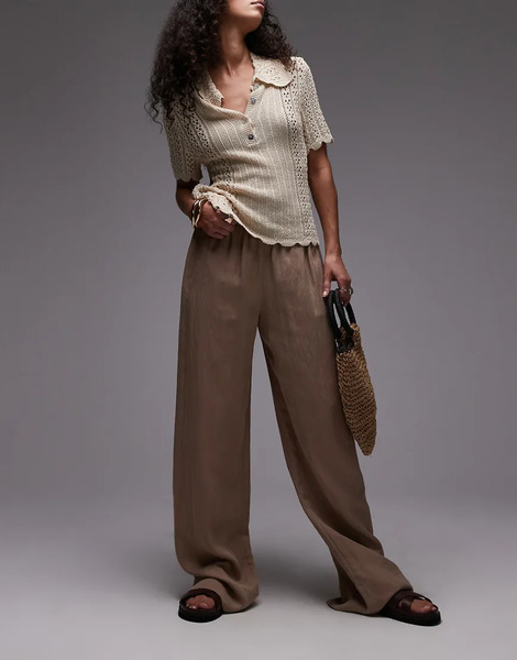  Mango Crinkle Elasticated Waist Straight Leg Trouser In Beige Neutral 